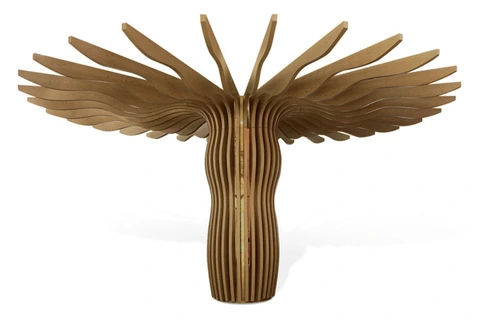 Tree-shaped aluminum assembly with wood-look vertical strips branching outward at the top