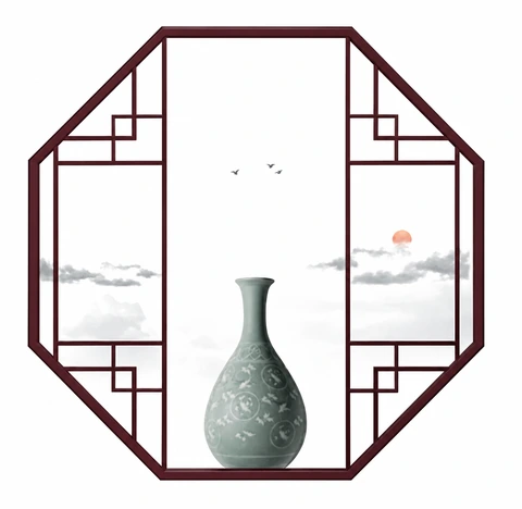 Decorative aluminum window grille with a dark red geometric frame and corner lattice patterns