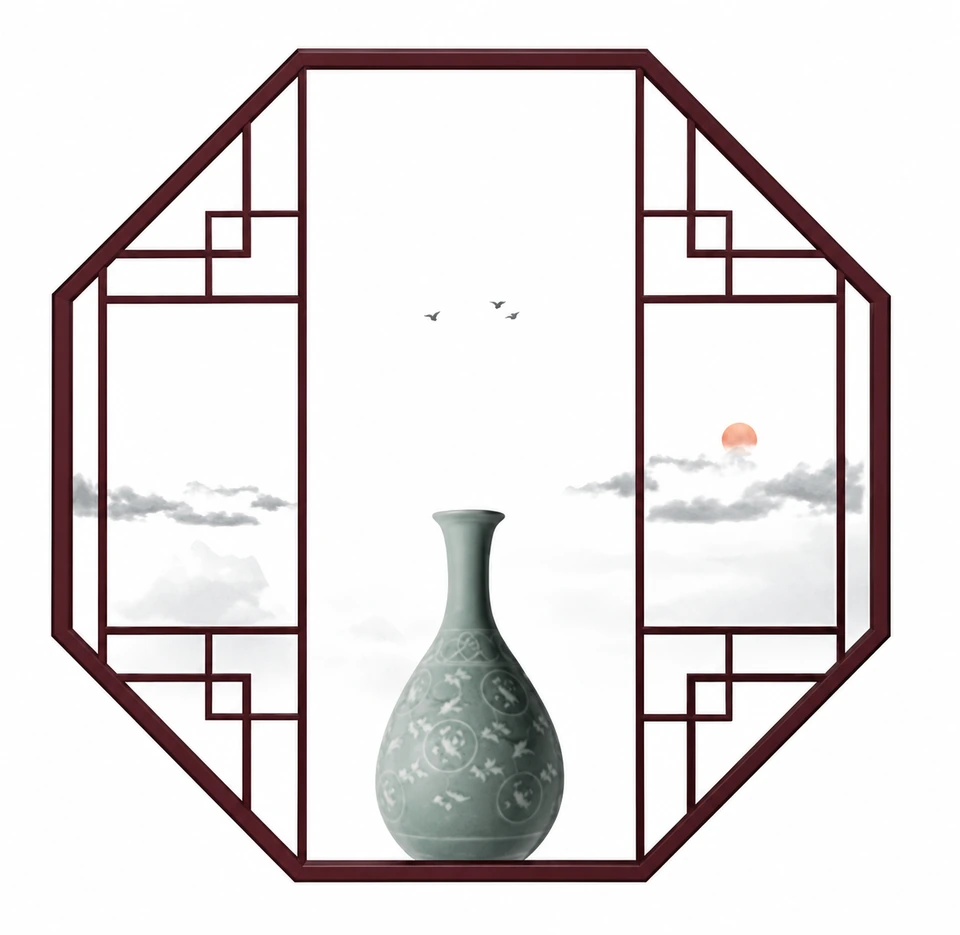 Decorative aluminum window grille with a dark red geometric frame and corner lattice patterns