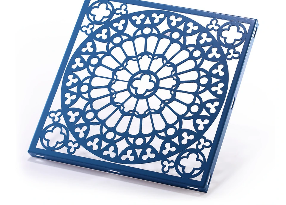Blue decorative aluminum screen panel with a radial floral cut-out pattern