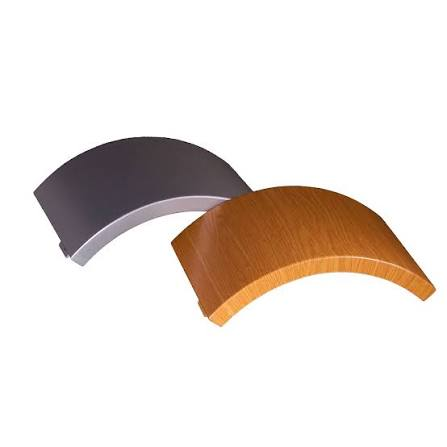Curved aluminum column cladding panels with wood-grain and dark finishes