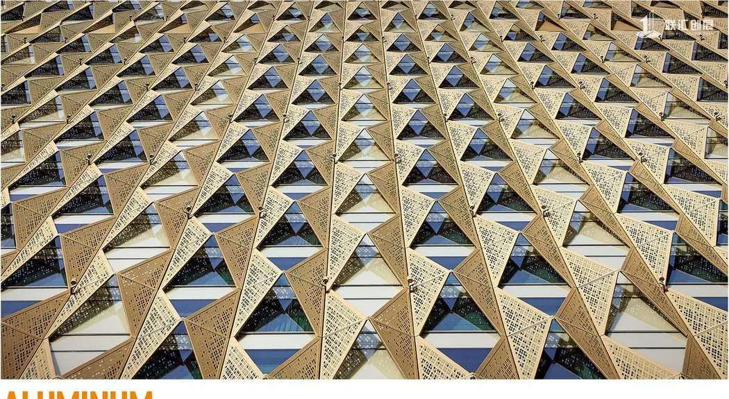 Triangular perforated aluminum façade panels forming a geometric screen