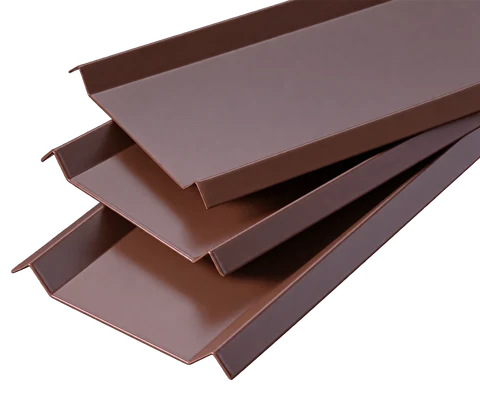 Brown B-type aluminum ceiling baffles showing folded profiles and open ends