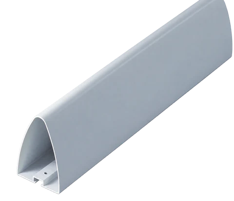 Silver bullet-profile aluminum ceiling baffle with a rounded face and open section