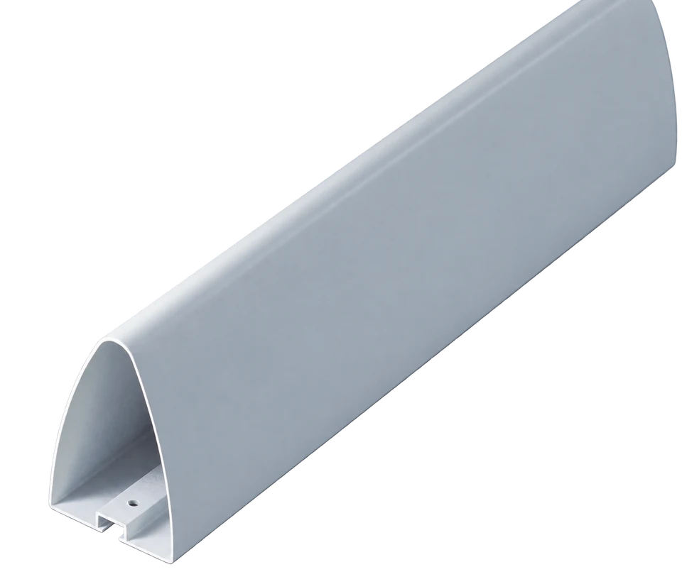 Silver bullet-profile aluminum ceiling baffle with a rounded face and open section