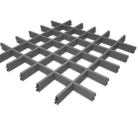 Aluminum open-cell grille ceiling assembly with intersecting strips forming a square grid