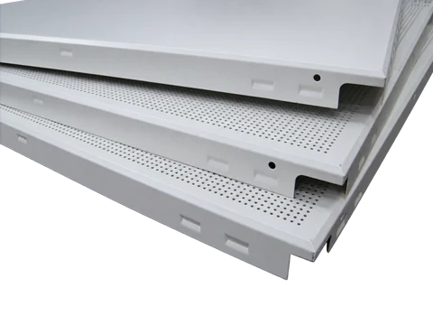 High-edge clip-in aluminum ceiling panels with plain and perforated faces and raised returns