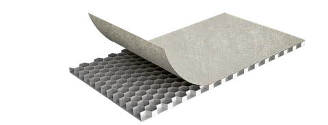 Aluminum honeycomb ceiling panel with lifted face sheet exposing the hexagonal core