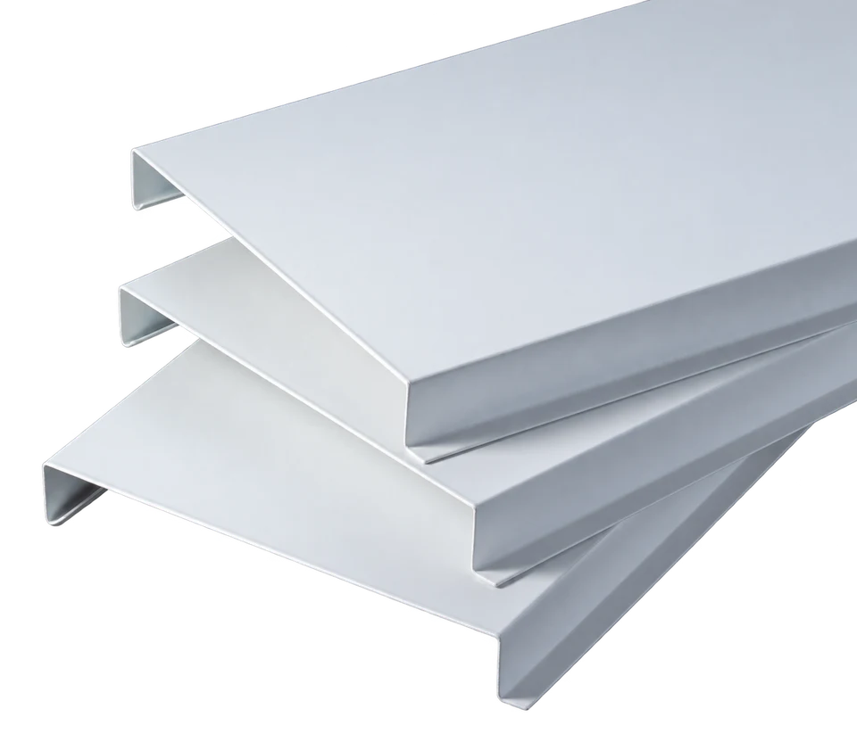 White hook-on aluminum ceiling panels showing folded perimeter edges