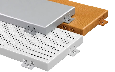Interior aluminum wall panels showing plain, wood-grain and perforated faces with edge fixings