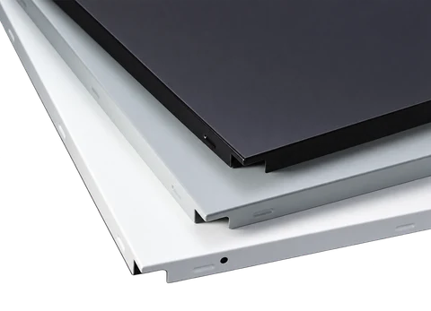 Low-edge clip-in aluminum ceiling panels with dark and light faces and shallow edge returns