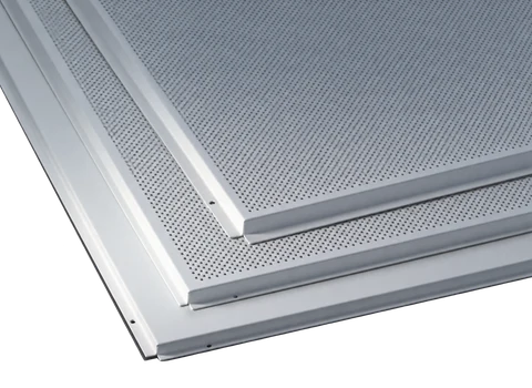 Perforated aluminum lay-in ceiling panels showing stepped perimeter edges