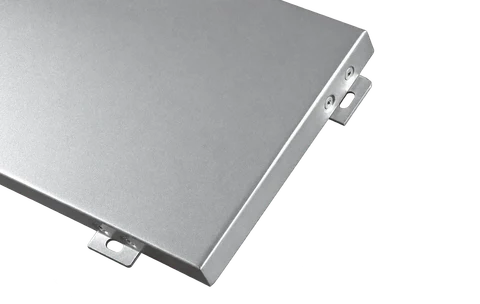 Close-joint aluminum cladding panel showing a flat silver face, folded edges and fixing tabs