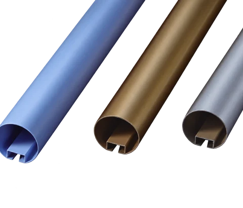 Round aluminum ceiling baffle profiles in blue, bronze and silver finishes