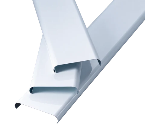 White U-shaped aluminum ceiling strips with curved folded side edges