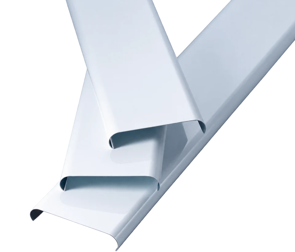 White U-shaped aluminum ceiling strips with curved folded side edges