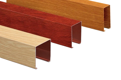 Wood-look aluminum U-channel ceiling profiles with open sections in three finishes