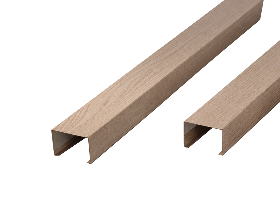 Wood-look U-shaped aluminum ceiling baffles showing open channel ends