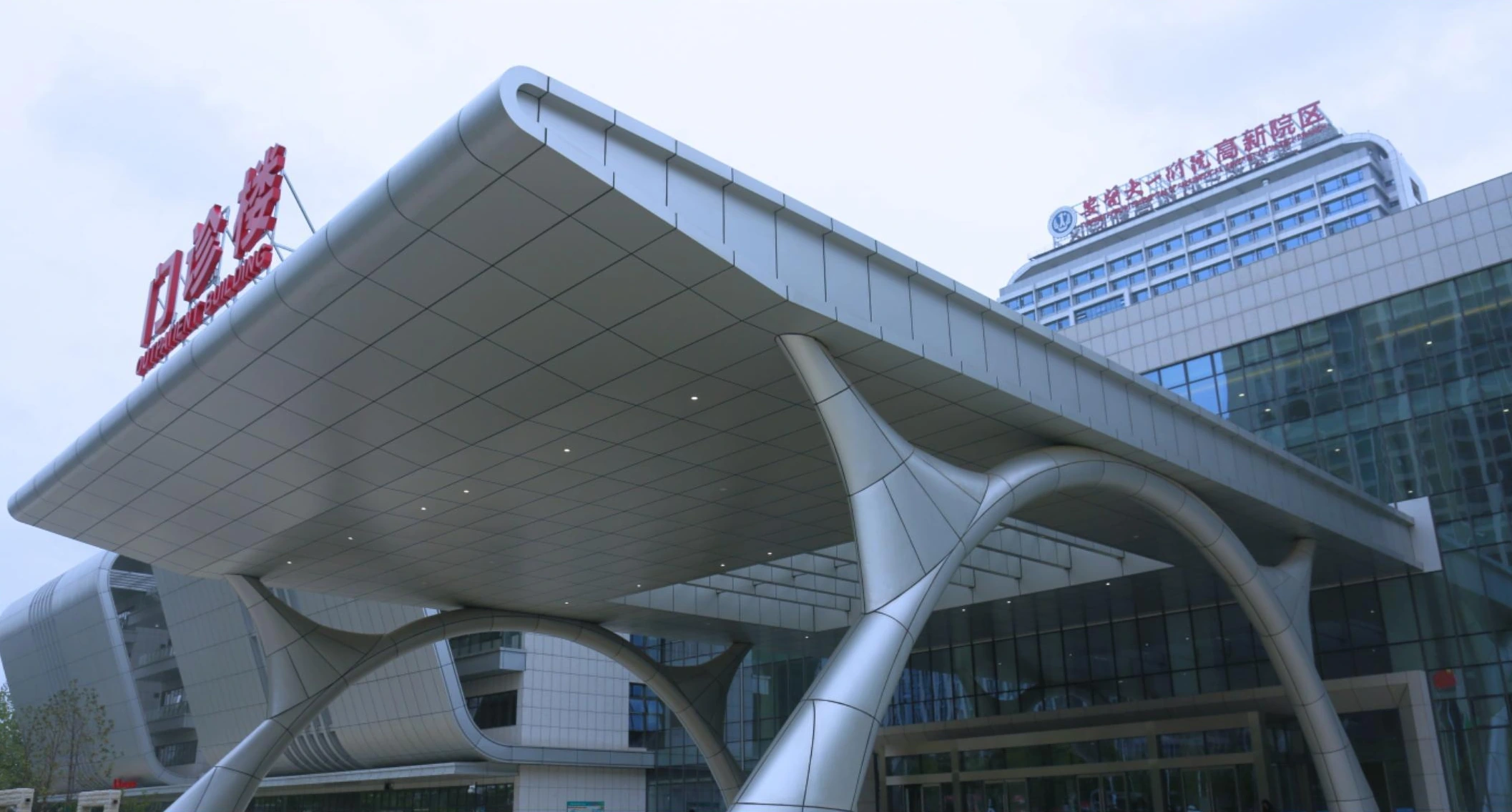 Broad entrance canopy with paneled soffit and branching supports at a Hefei hospital