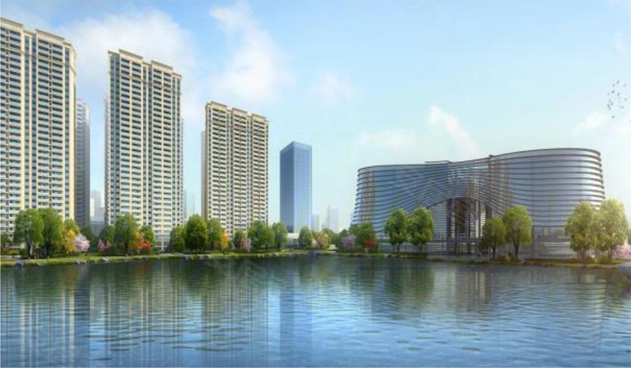 Rendering of residential and commercial towers along a landscaped waterfront in Jiangsu