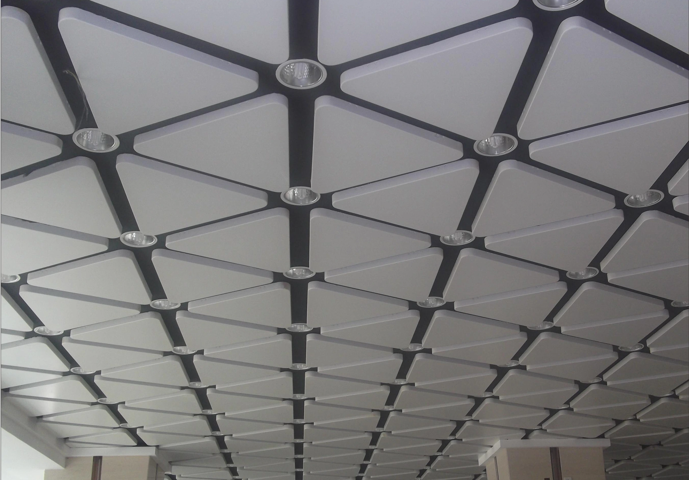 Triangular aluminum ceiling panels arranged around circular lights in a Shishi facility