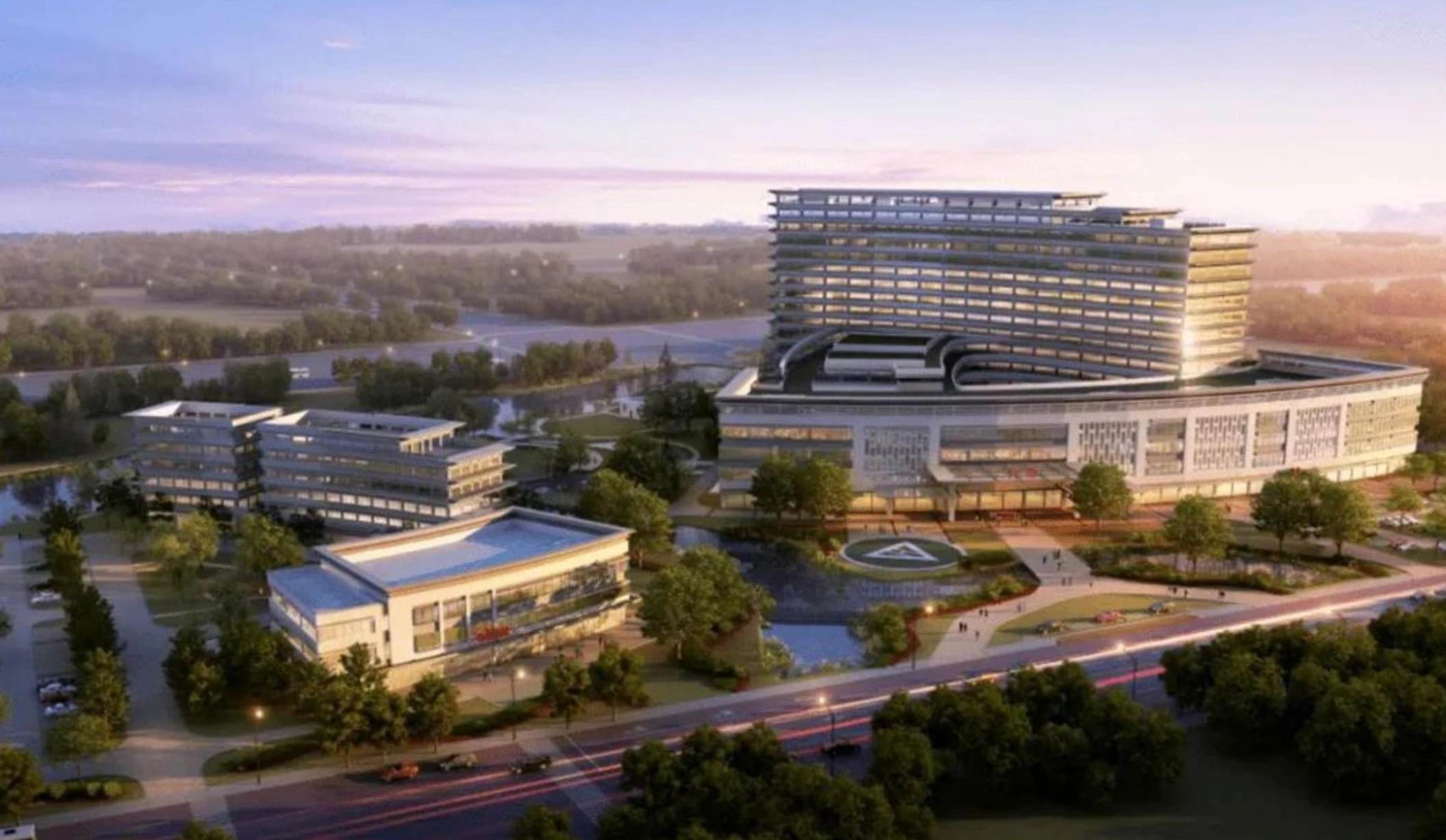 Aerial architectural rendering of a landscaped hospital campus in Wenzhou