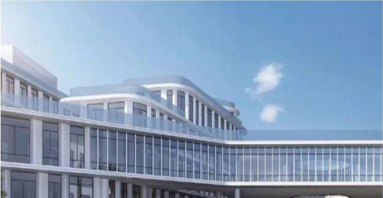 Rendering of a curved white campus facade with vertical window bays in Xiamen