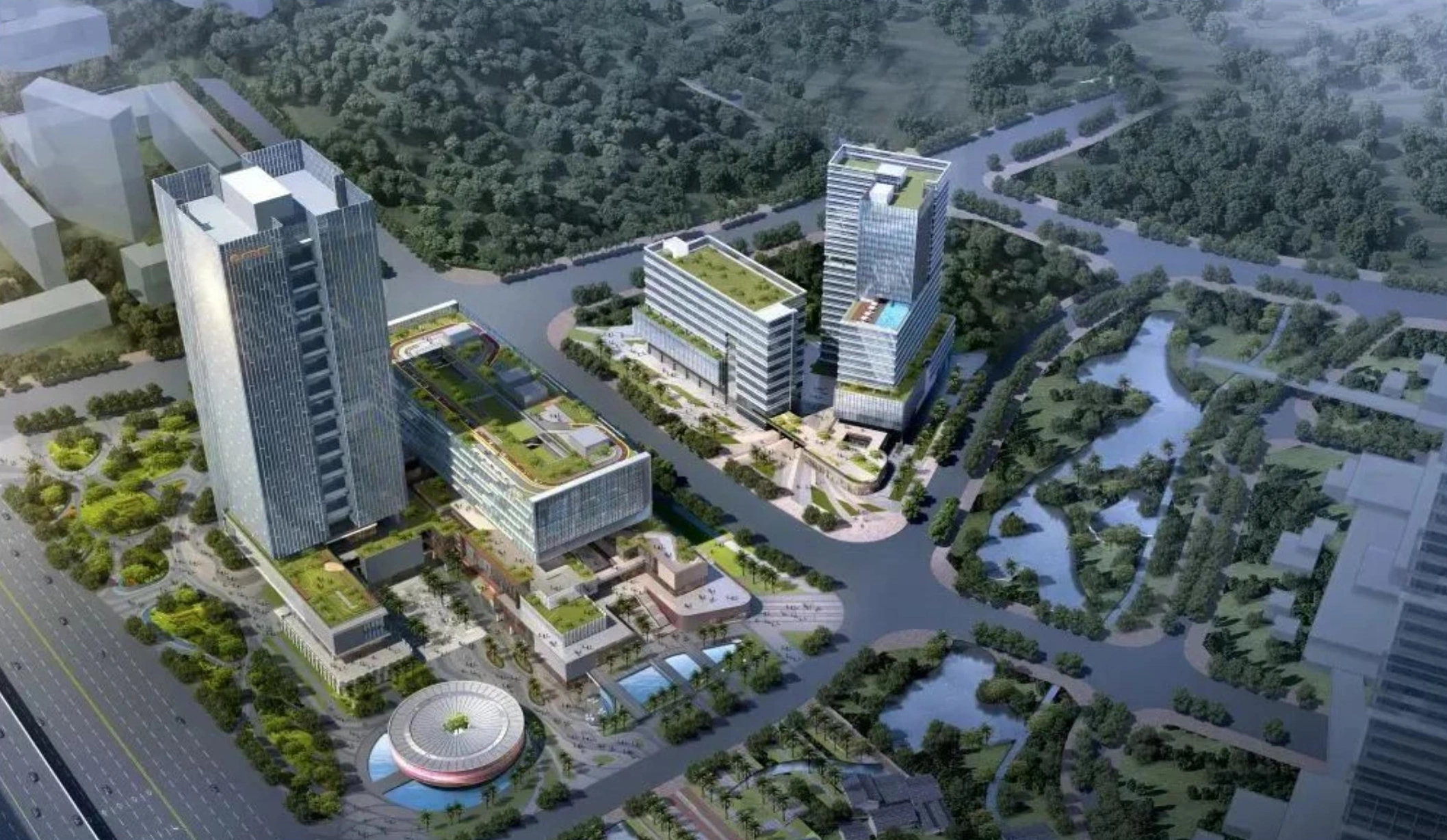 Aerial rendering of landscaped commercial buildings and tower blocks in Zhuhai